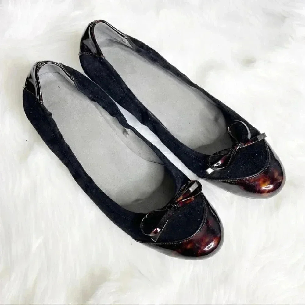 Stuart Weitzman Black Suede Ballet Flats with Brown Patent Toe
